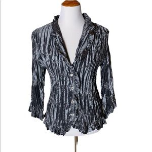 Silver Metallic Ruched Crinkle Jeweled Button Jacket Blouse Size Large